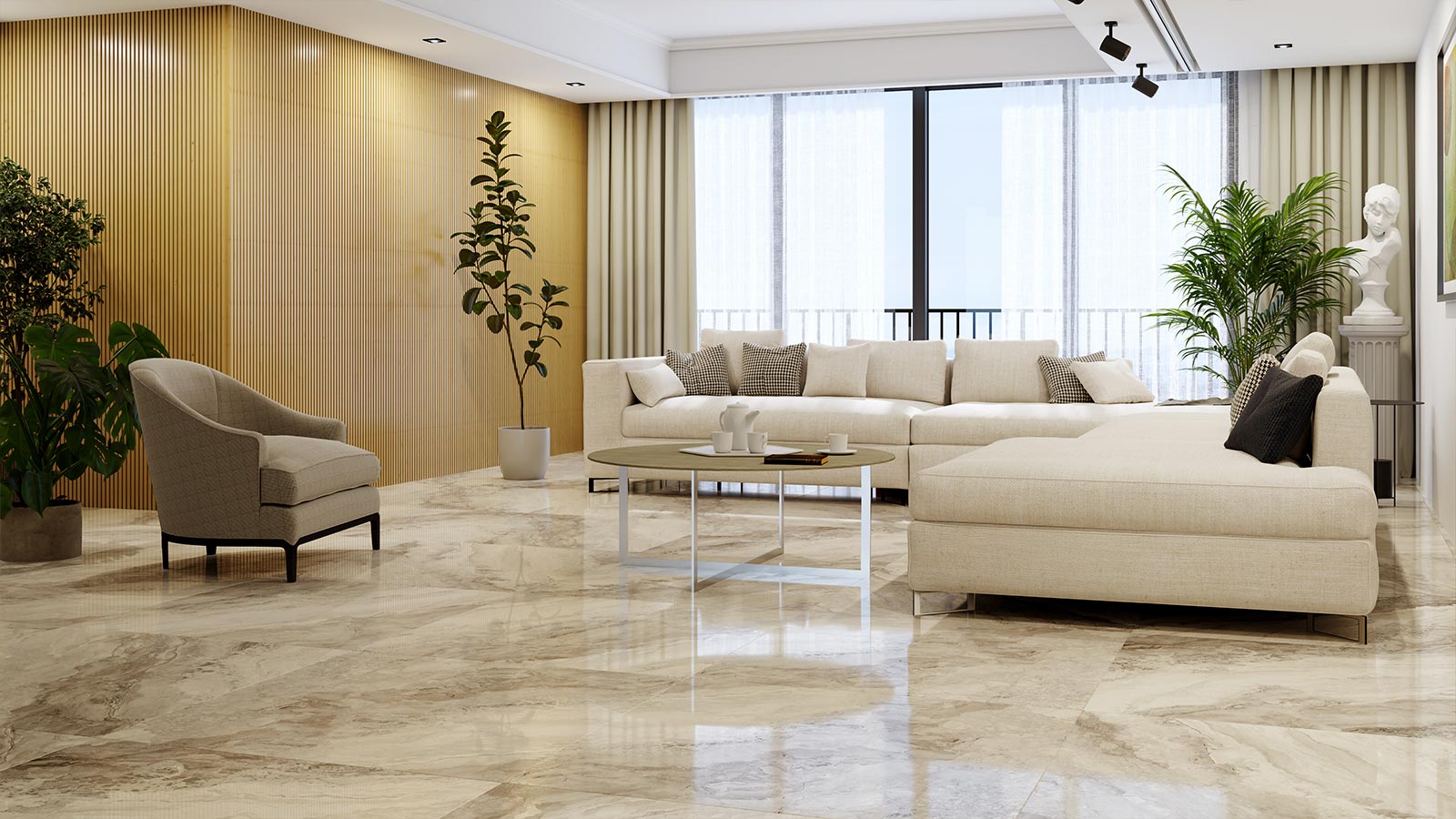 Natural stone flooring in a Dubai apartment from Marmara.