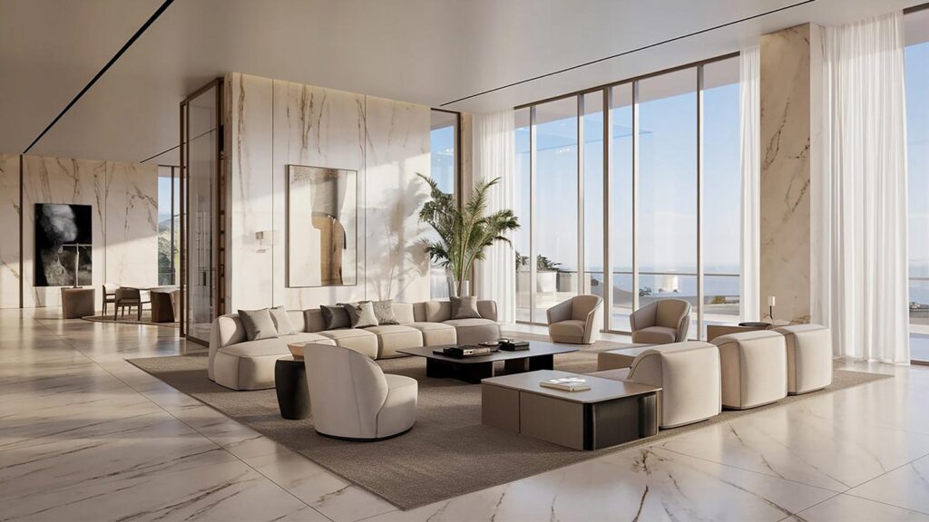 Modern Dubai interior featuring marble slabs and natural stone design trends 2026.