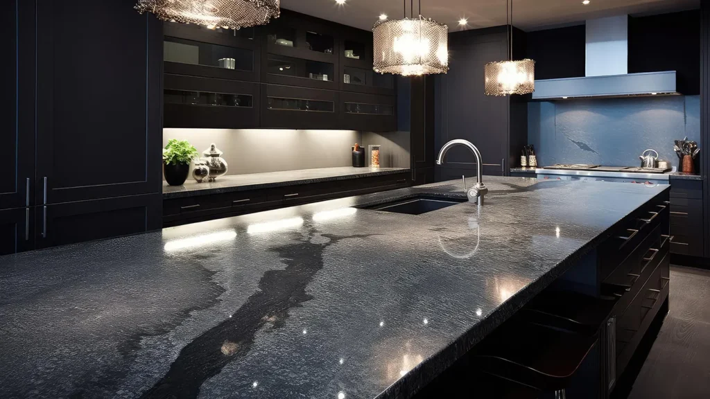 Polished granite kitchen countertop in a modern Dubai home.