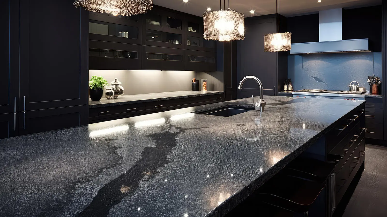 Polished granite kitchen countertop in a modern Dubai home.