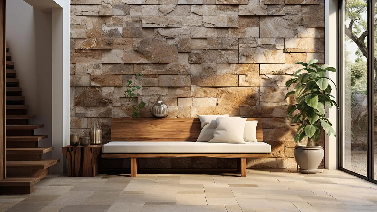 Travertine pool deck and terrace in a UAE villa garden.