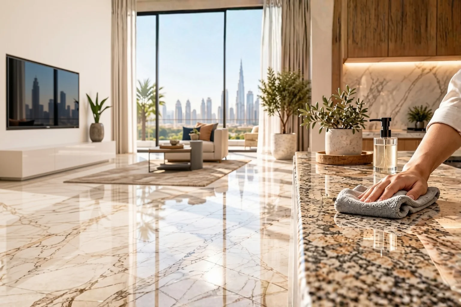 Cleaning and sealing a marble floor to maintain it in the UAE climate.