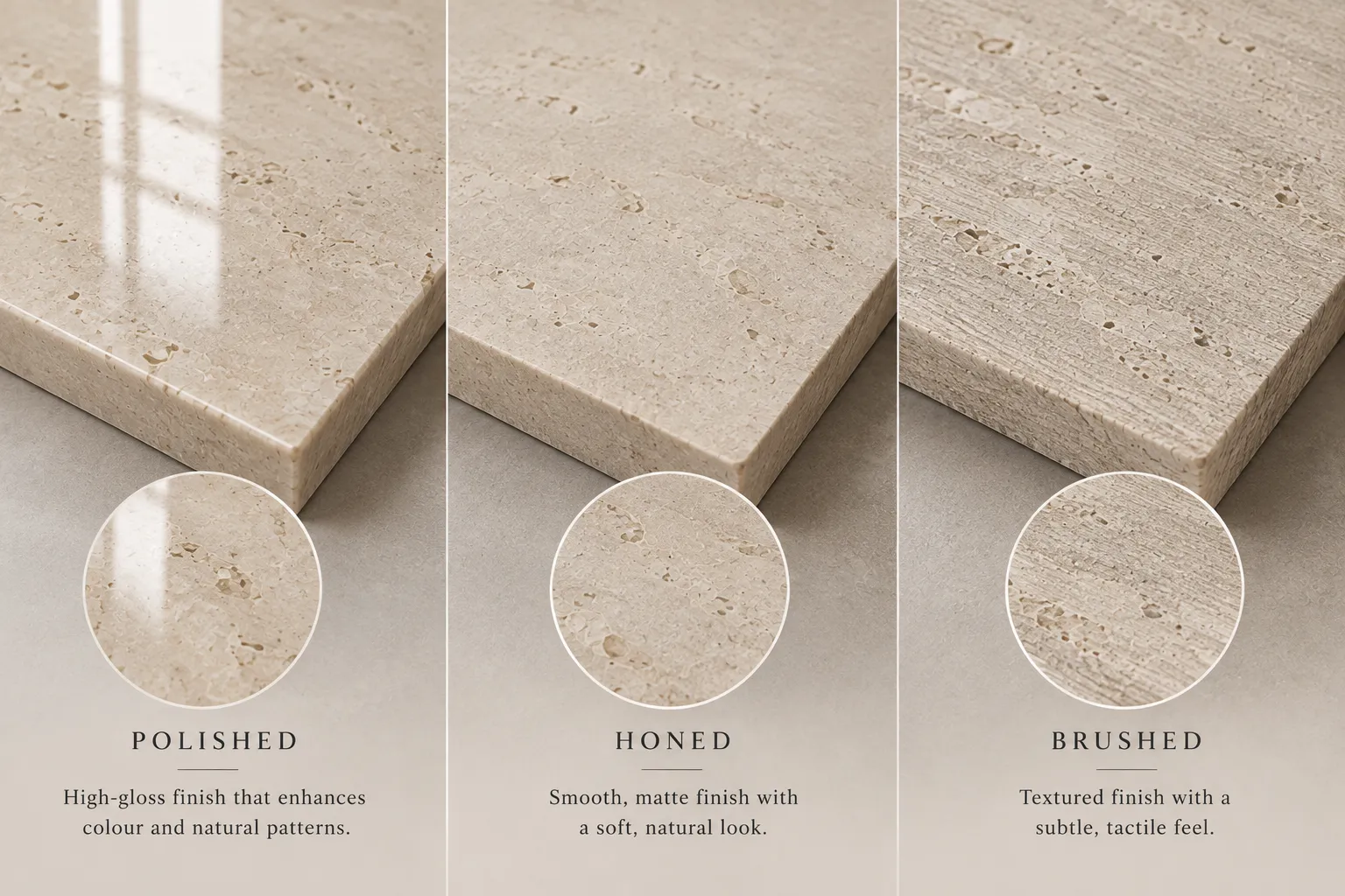 Polished, honed, and brushed natural stone finish samples side by side.